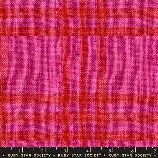 Fabric with pink and red plaid pattern, labeled Ruby Star Society.