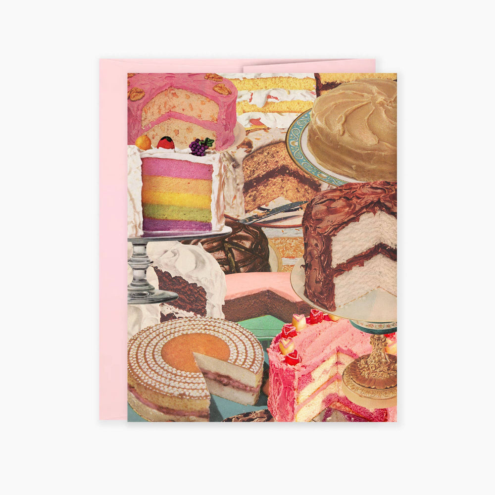 greeting card with colorful illustrations of cakes on a white background