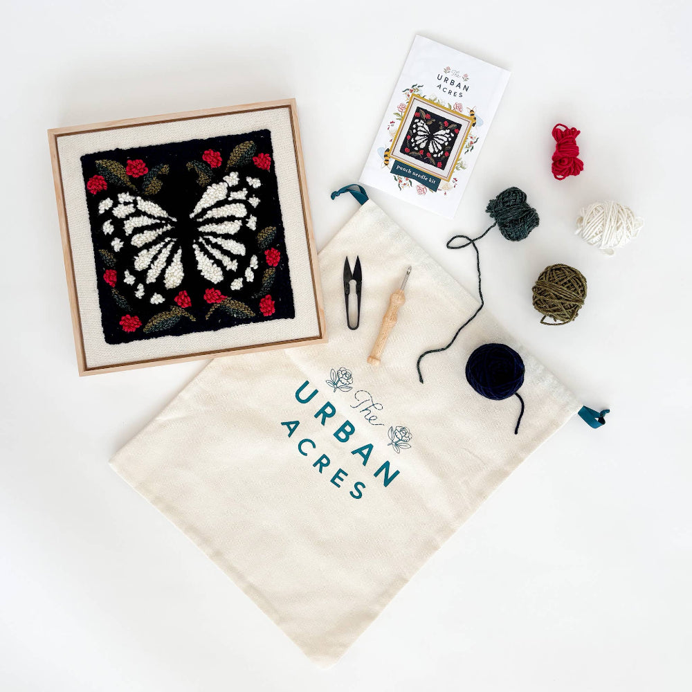 Latch hook kit with completed project, yarn, and tools on a white background