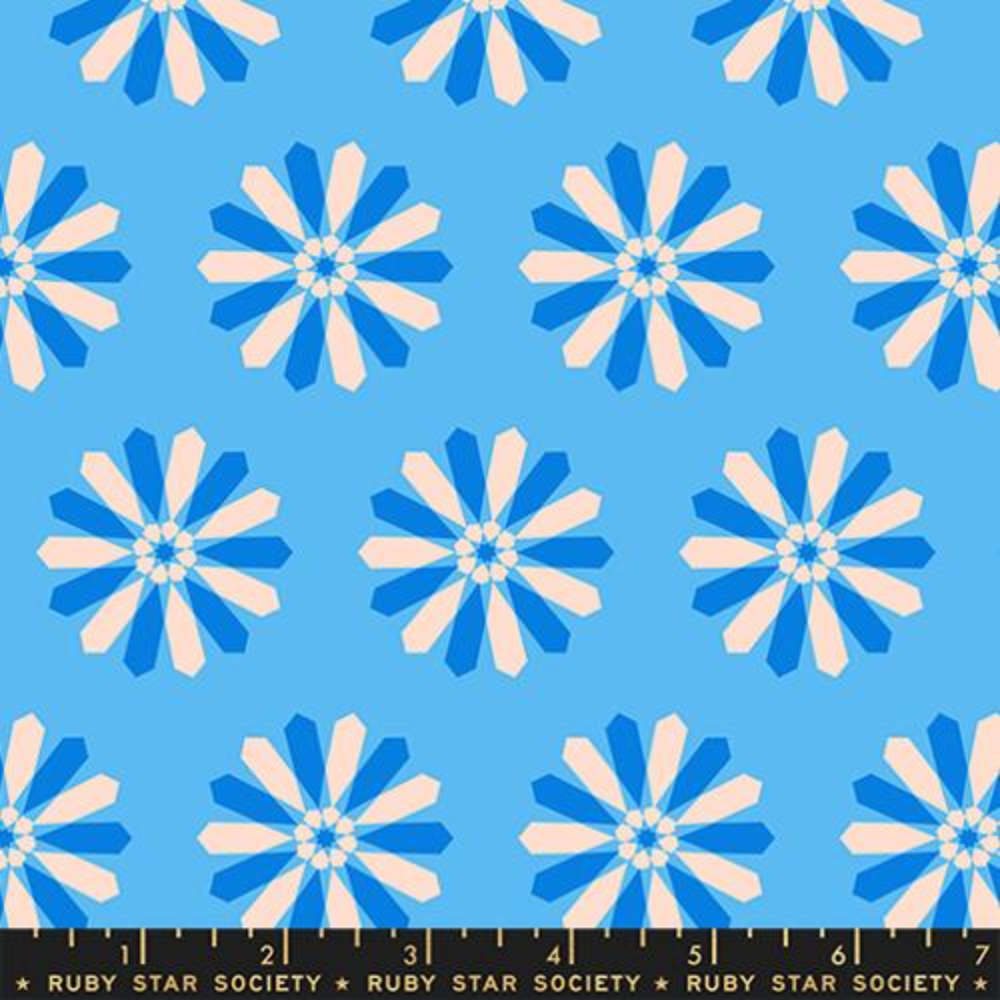 light blue background with blue and white geometric flowers placed evenly throughout
