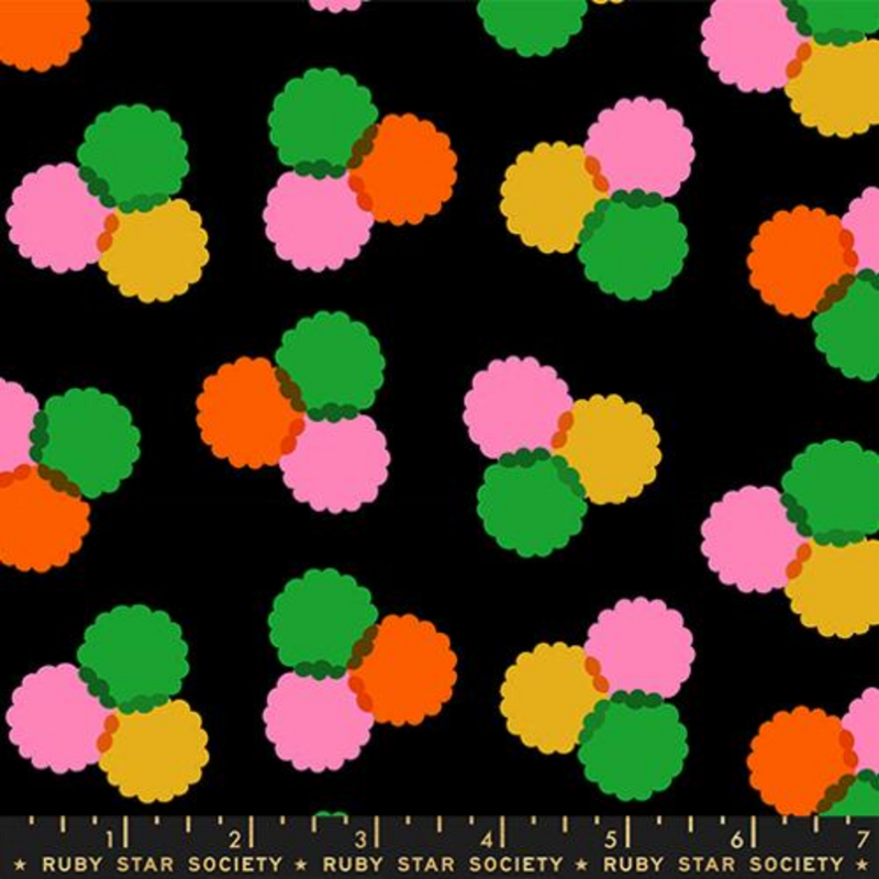 black fabric with scalloped polka dots scattered throughout 