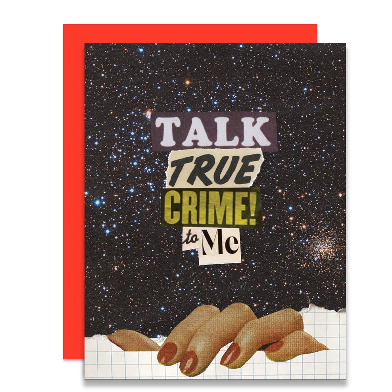 Card with 'Talk True Crime to Me' text on a starry night sky background