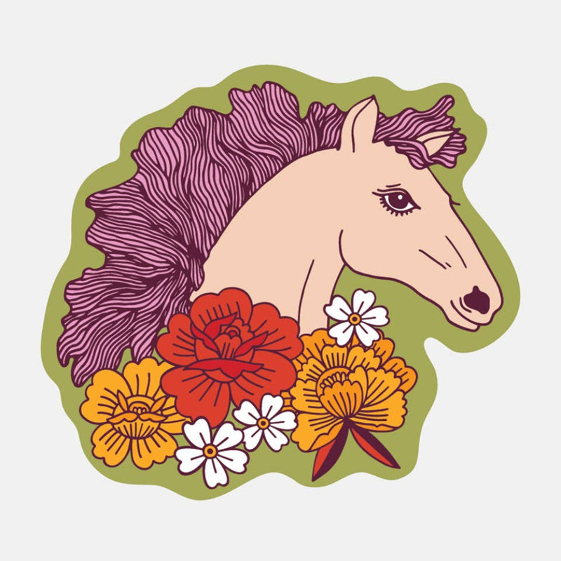 Illustration of a horse's head with colorful flowers on a green border
