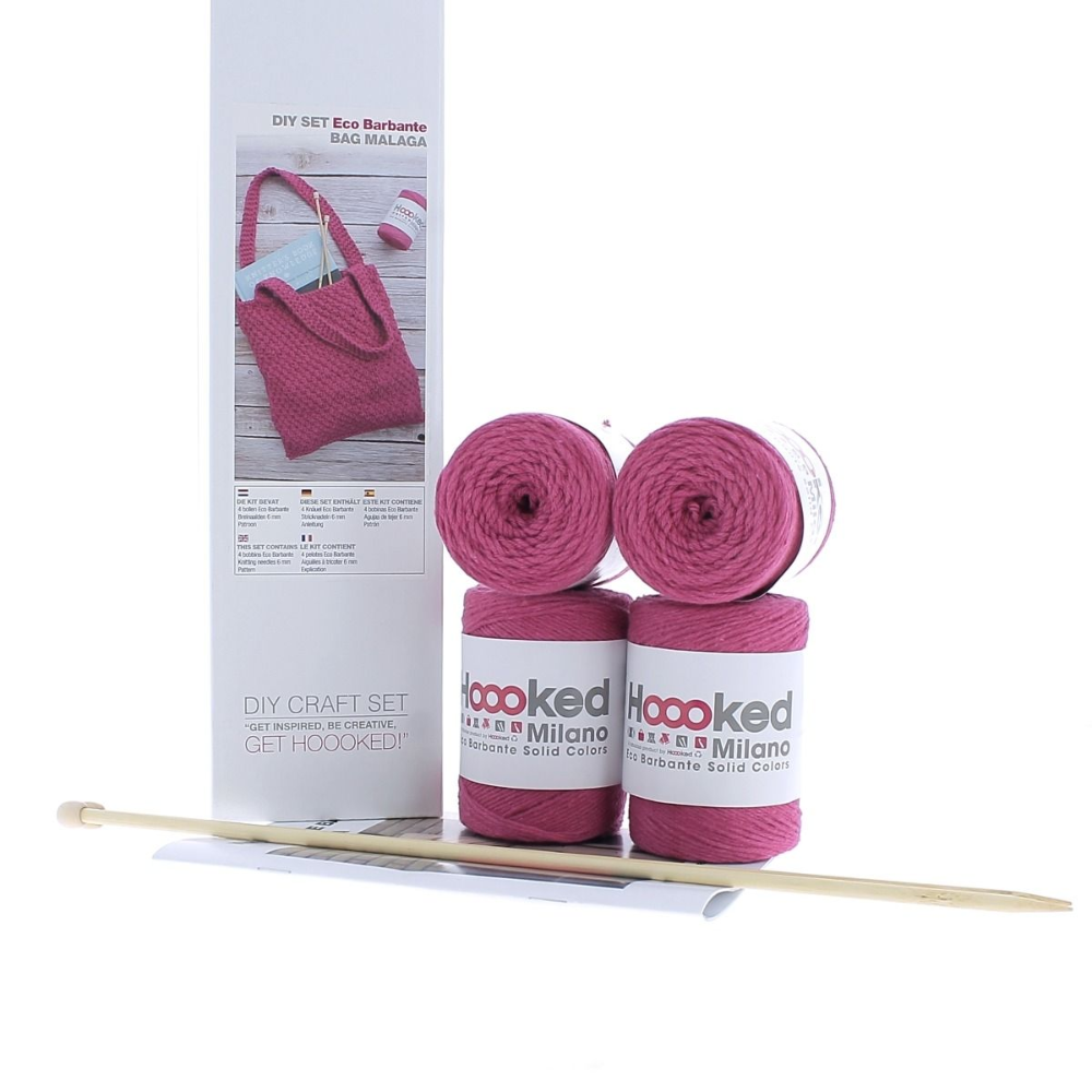 Knitting kit packaging with hot pink yarn