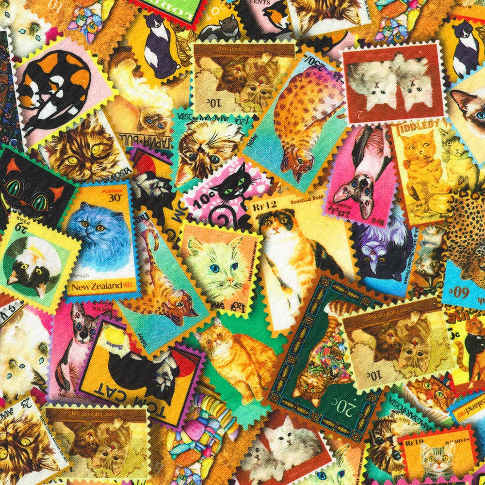 Collage of vintage postage stamps featuring cats from various countries.