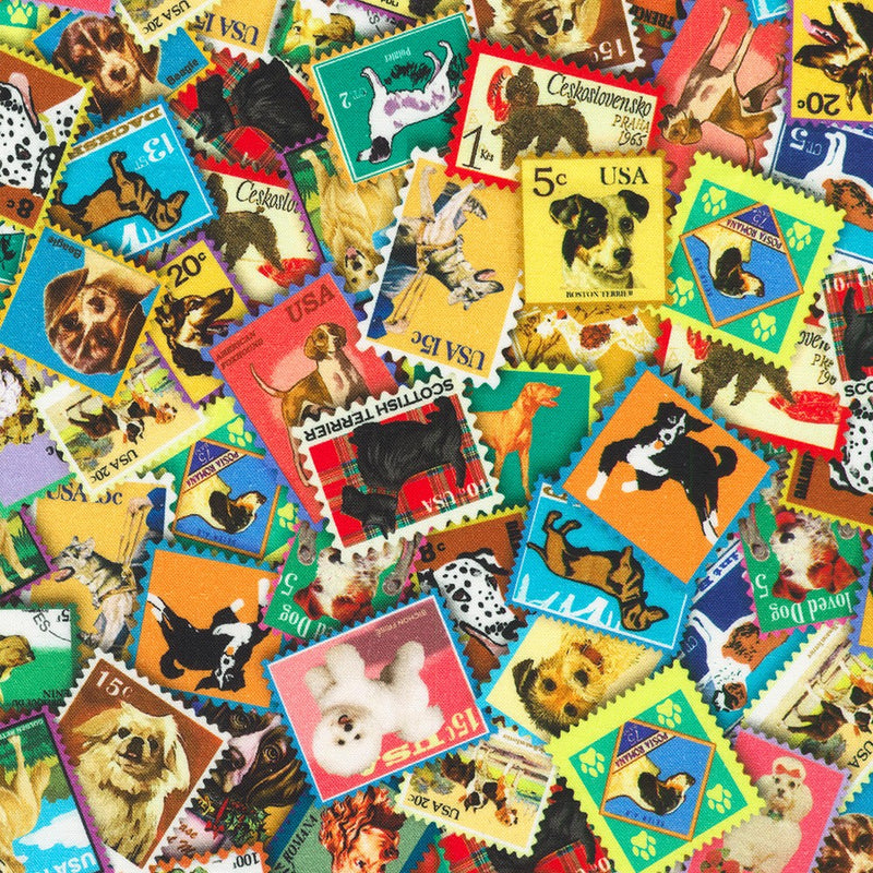 Collection of vintage postage stamps featuring various dogs from different countries.