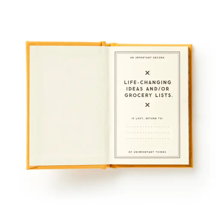 Image of the first page of tiny diary. White paper that says Life-changing ideas and/or grocery lists with a spot to write who to return it to if lost
