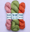 Three skeins of vintage picnic yarn: cupcake, touch grass, carrot cake
