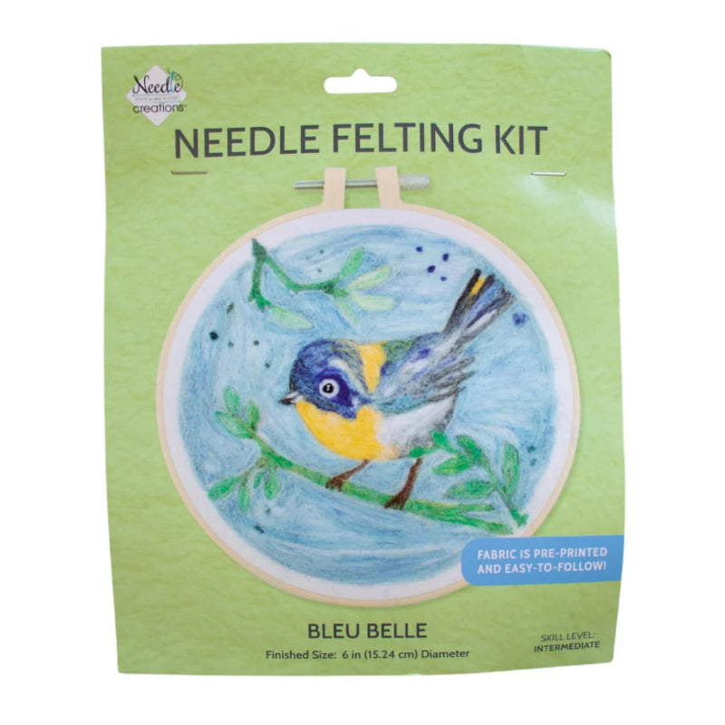 Needle felting kit packaging with a bird design on a green background