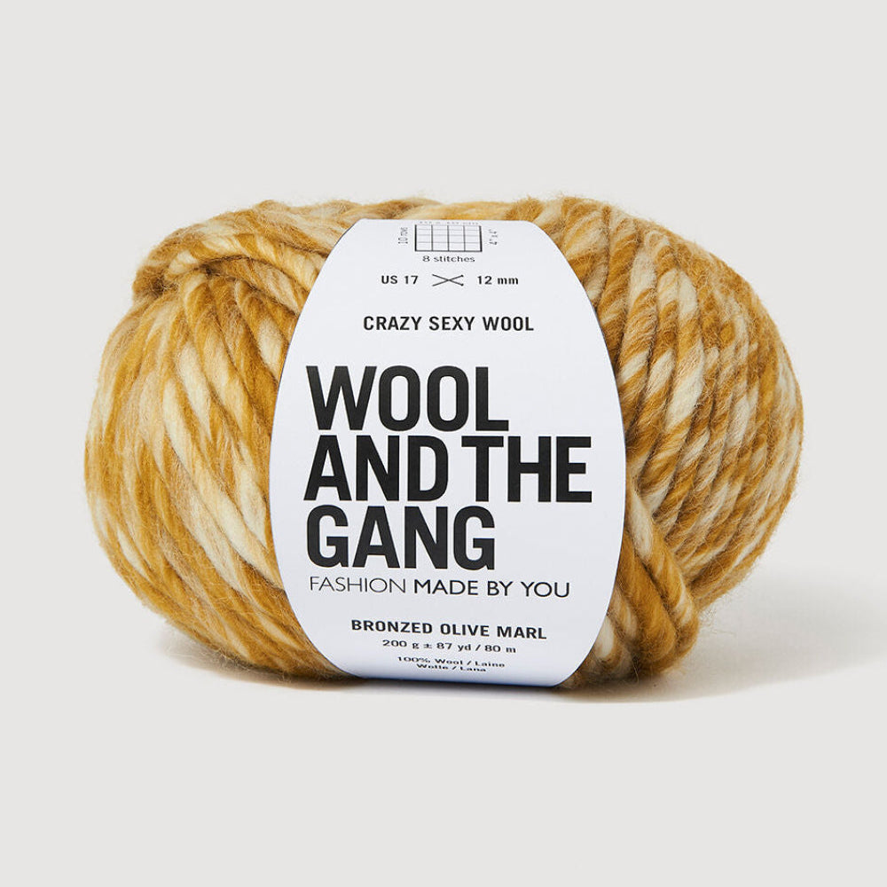 A single ball of variegated  bronze and white yarn with a white paper label reading 'Wool and the Gang' on a light gray background.