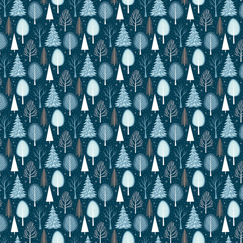 Pattern of stylized trees on a dark blue background