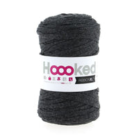 Ball of gray yarn with a 'Hooooked' label on a white background