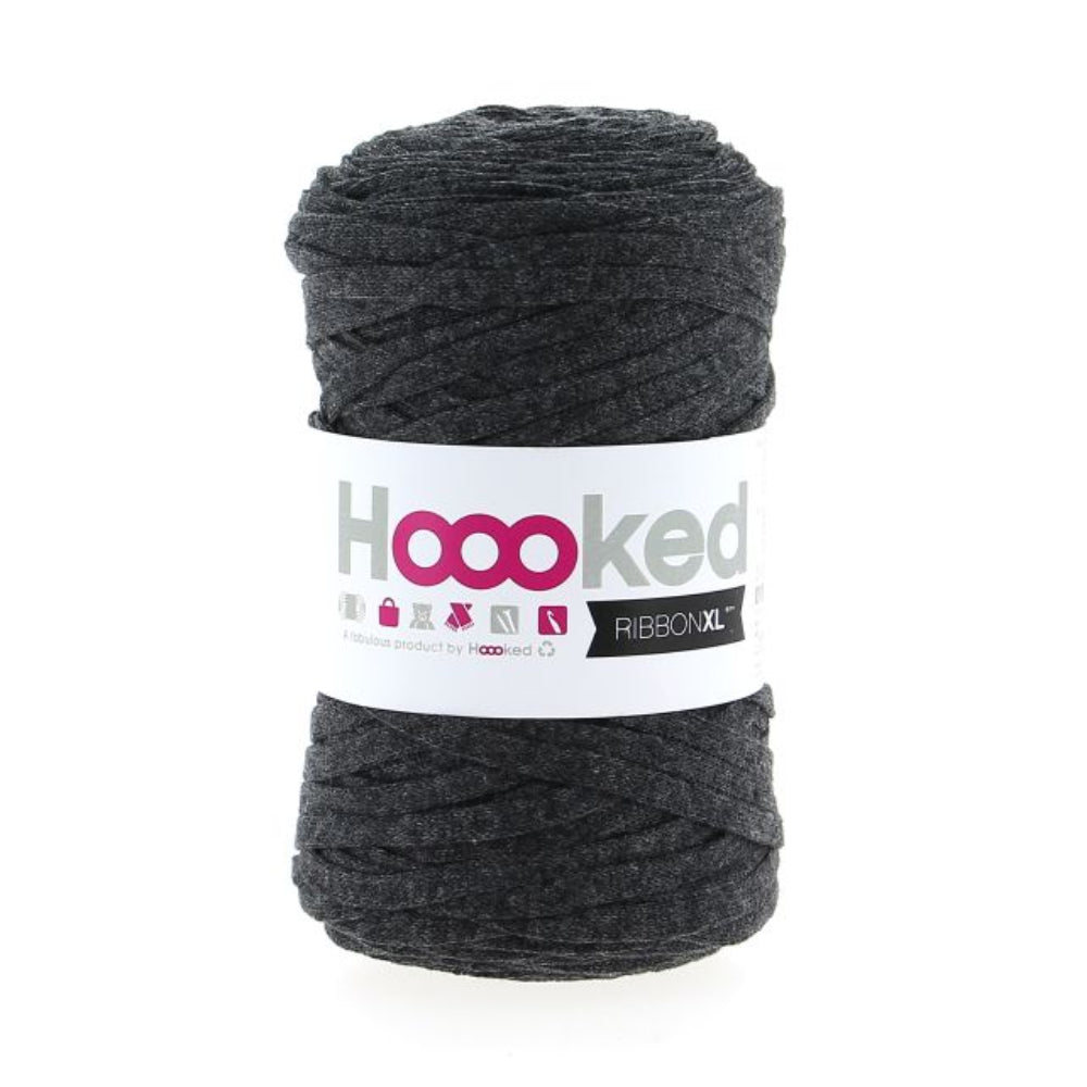 Ball of gray yarn with a 'Hooooked' label on a white background