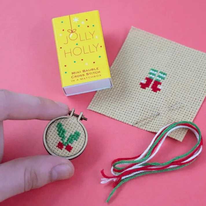 Christmas Bauble Jolly Holly Cross Stitch Hoop in A Matchbox Kit Marvling Bros Ltd