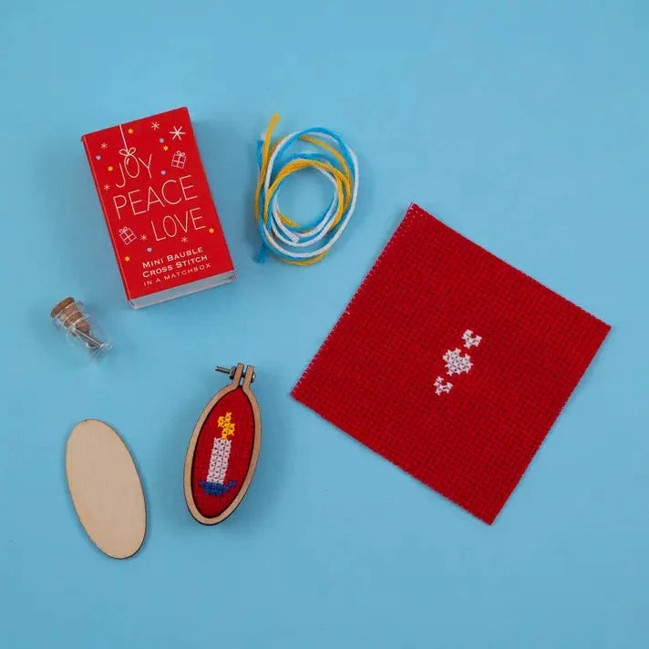 Christmas Bauble Joy Peace Love Cross Stitch Hoop in A Matchbox Kit Marvling Bros Ltd