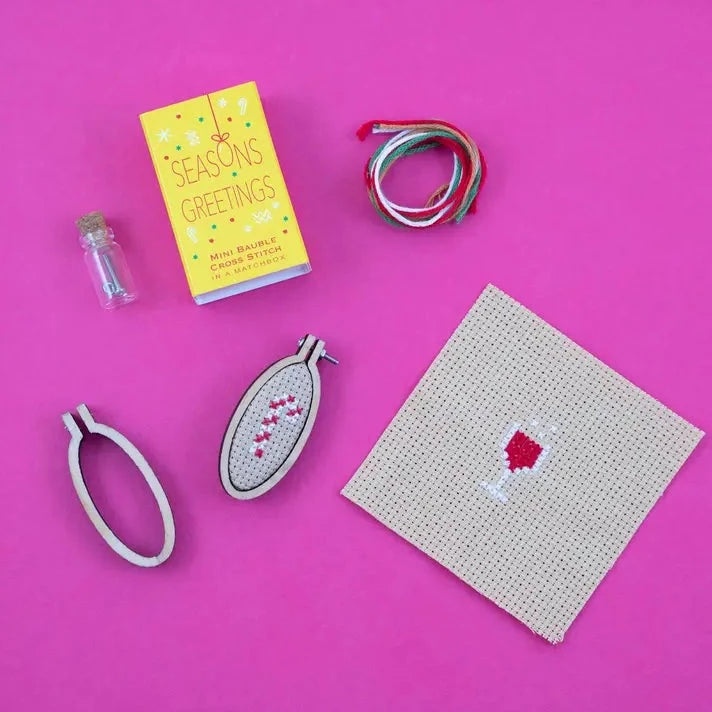 Christmas Bauble Seasons Greetings Cross Stitch Hoop in A Matchbox Kit Marvling Bros Ltd