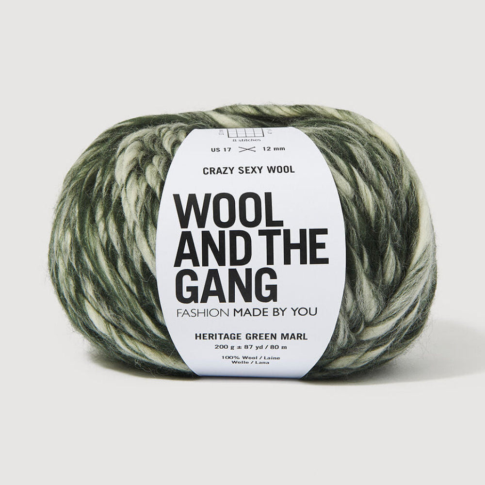 A skein of Crazy Sexy Wool by Wool and The Gang in Heritage Green Marl, which is a variegated dark green and white colorway. 