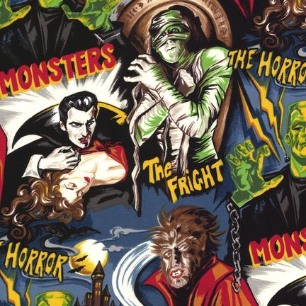 Vintage-style illustration of horror movie characters with text overlay.