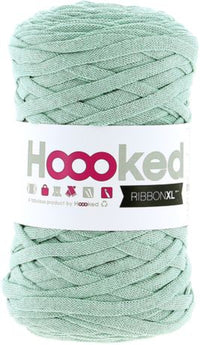 Ball of mint green yarn with 'Hoooked' label on a white background