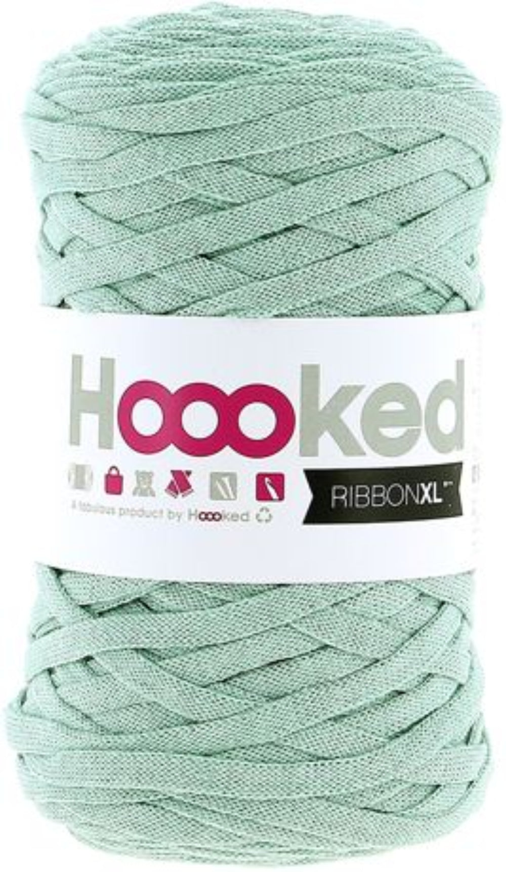 Ball of mint green yarn with 'Hoooked' label on a white background
