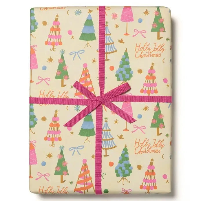 Wrapping paper with brightly colored Christmas trees