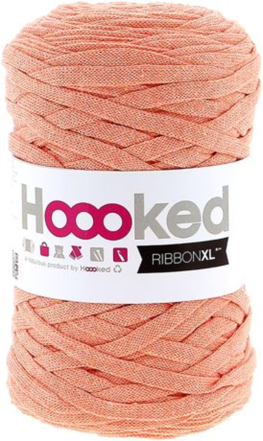 Spool of apricot yarn with 'Hoooked' label on a white background