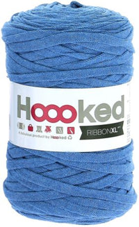 Blue ball of yarn with a Hoooked label on a white background
