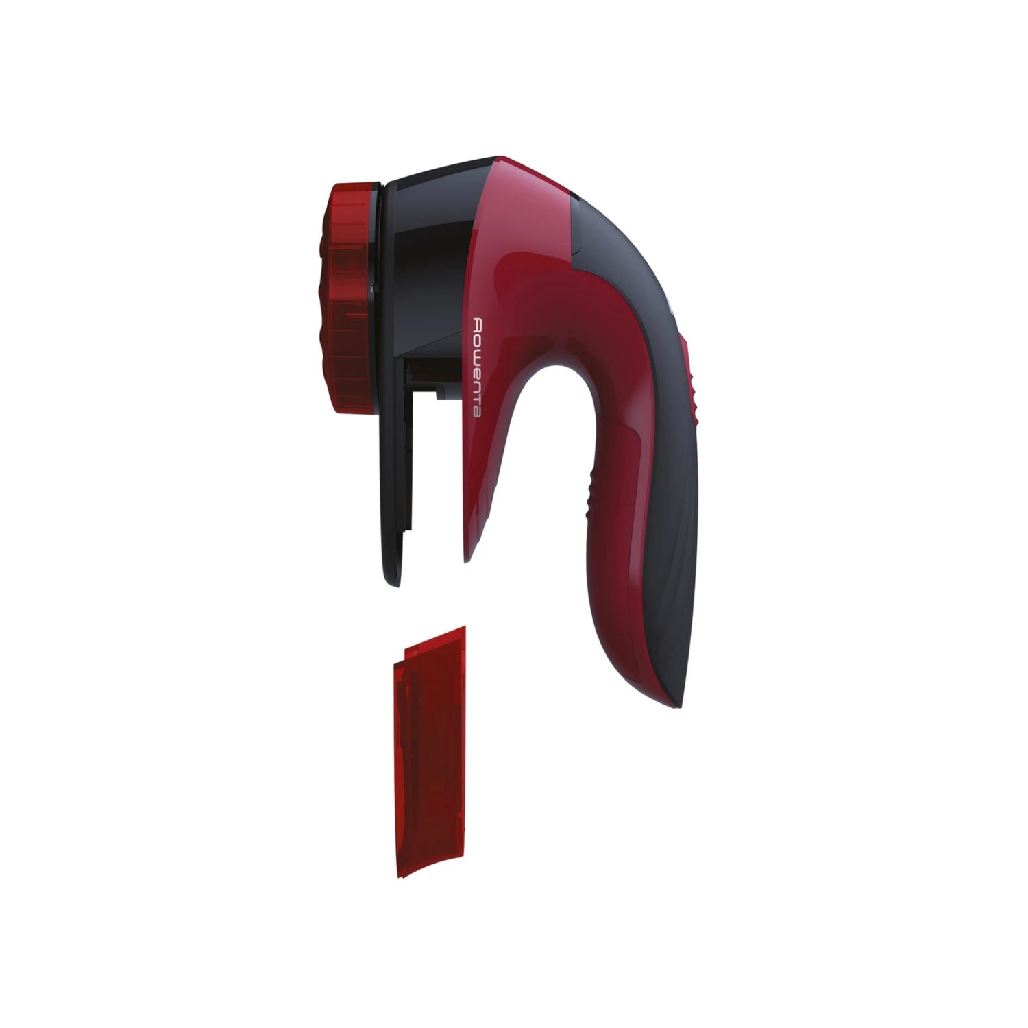 Side view of red and black lint remover on a white background