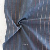 Striped dark fabric with vertical lines in various colors on a neutral background, featuring the brand 'Fableism'.