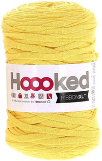 Yellow ball of yarn with 'Hoooked' label on a white background