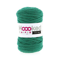 Green skein of yarn with 'Hoooked' label on a white background