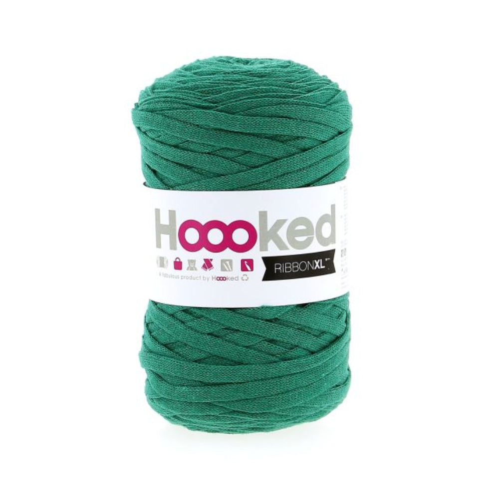 Green skein of yarn with 'Hoooked' label on a white background