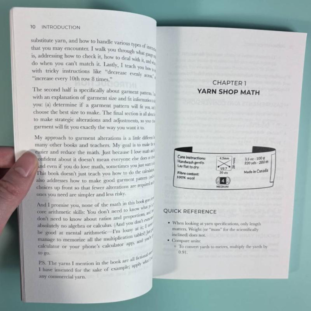 Open book with yarn label on a teal background