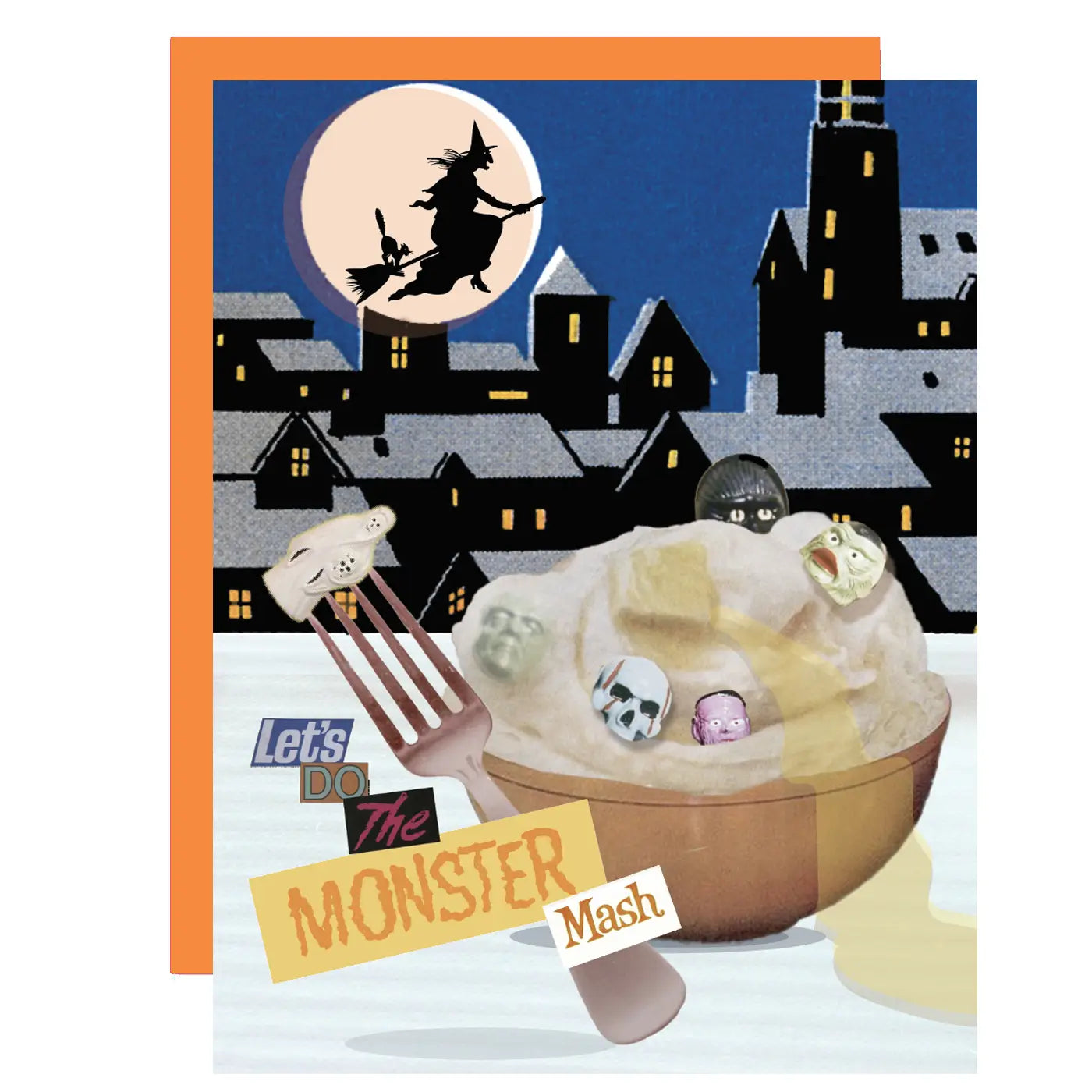 A Halloween-themed greeting card featuring a bowl of mashed potatoes with monster toppings, a fork with a ghost, and a spooky village under a full moon with a witch silhouette. The card has an orange envelope and the text 'Let's do the Monster Mash'.