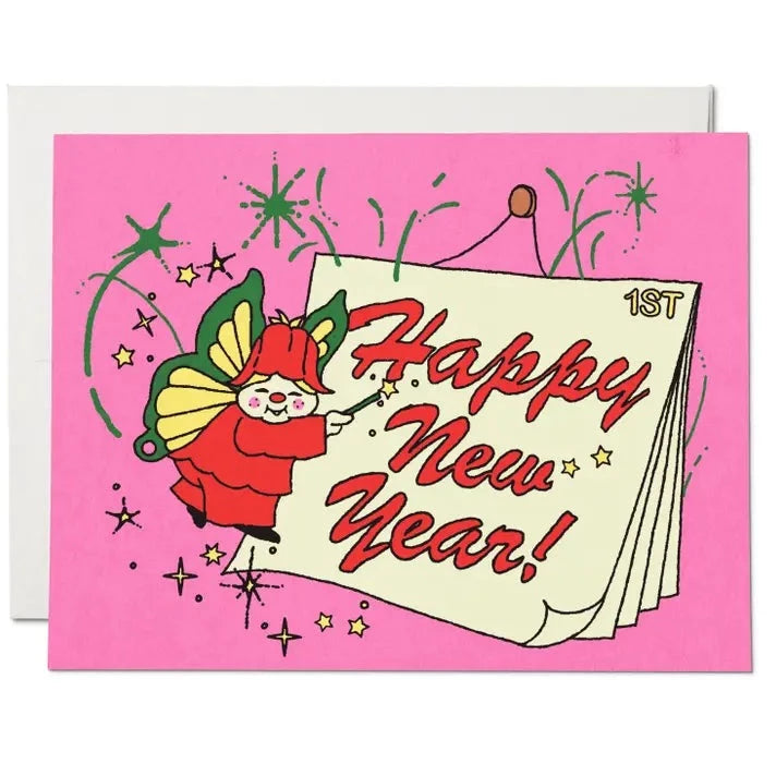 Card that reads Happy New Year and has a funny fairy with a wand by the text