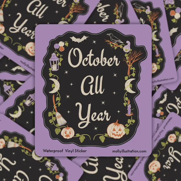 Purple sticker with 'October All Year' text and Halloween-themed design on a black background with similar stickers.