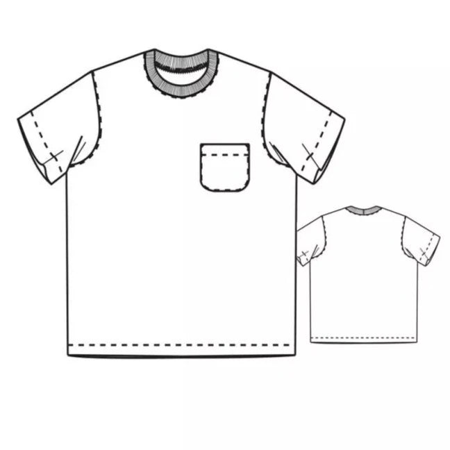 Line drawing of front and back on woven tee shirt