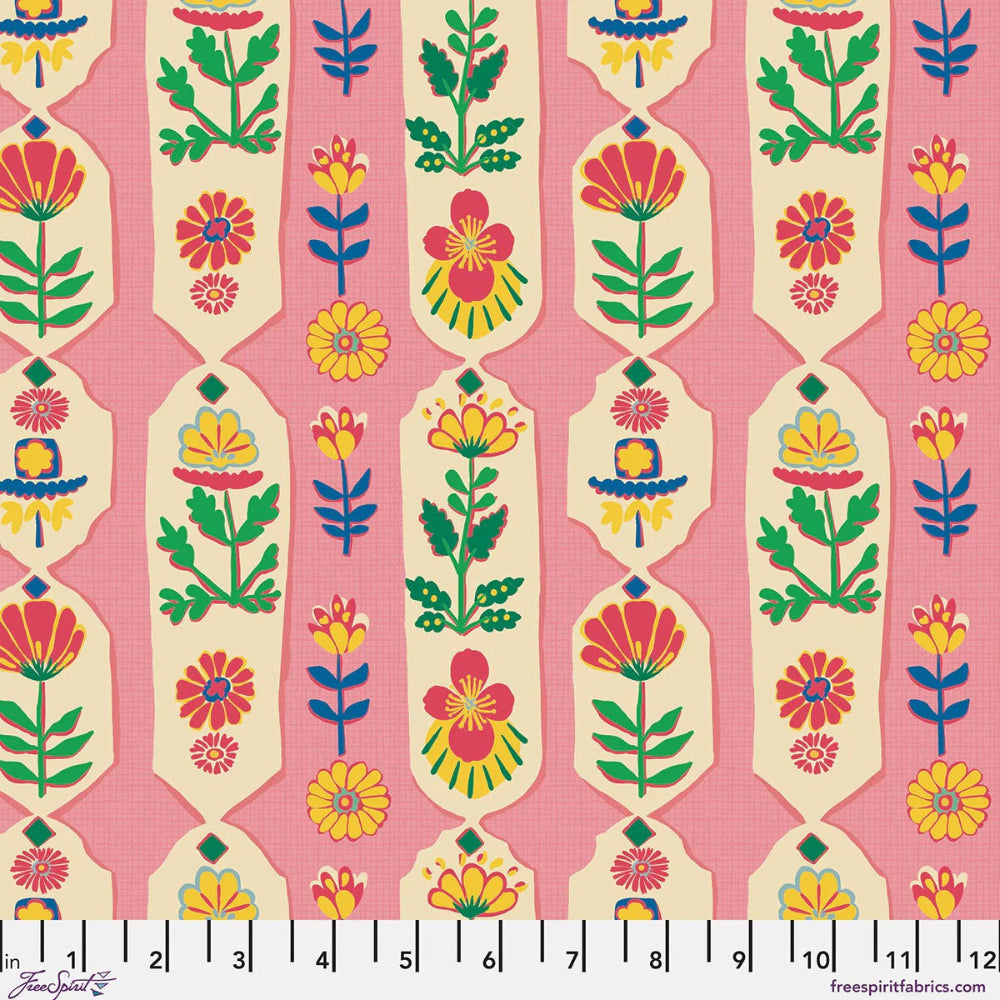 Pink fabric with blue and yellow flowers and ribbons of green and yellow flowers