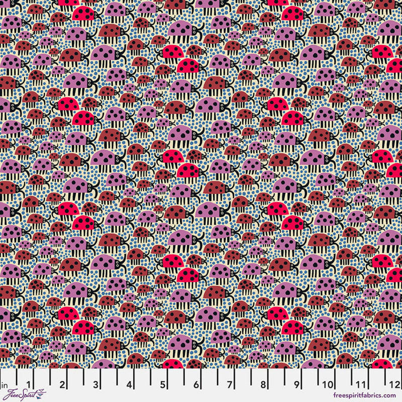 Pattern of ladybugs and polka dots in shades of red, purple and brown.