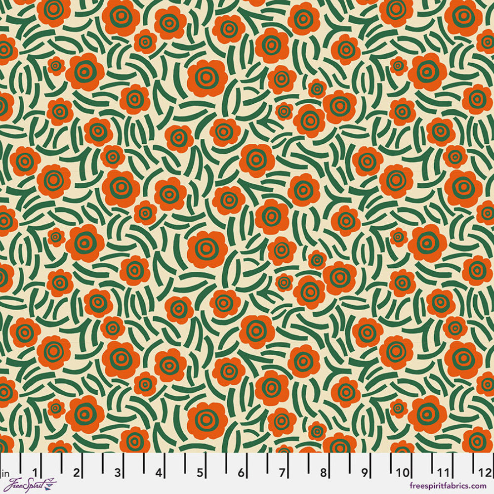 Pattern of orange flowers and green leaves on a beige background.