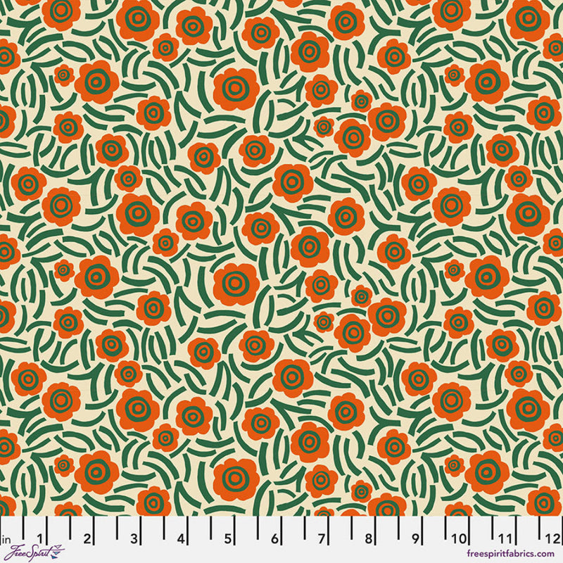 Pattern of orange flowers and green leaves on a beige background.