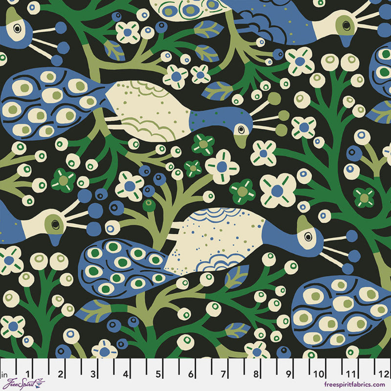 Folk art pattern with stylized birds and flowers on a black background, featuring a ruler for scale.