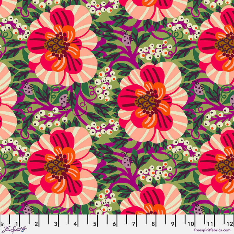 Colorful floral pattern with purple lady bugs crawling in between.