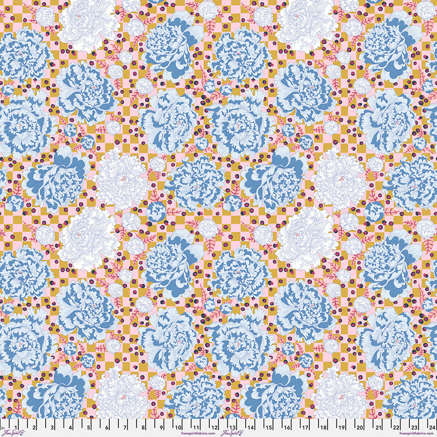 pink and brown checkered background with blue and white flowers
