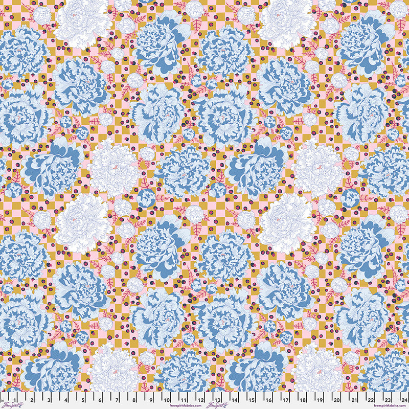 pink and brown checkered background with blue and white flowers