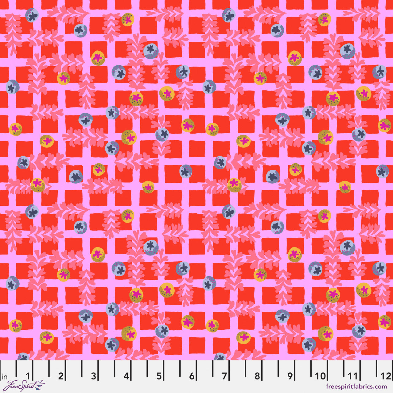 red and pink checkerboard with blueberries scattered.