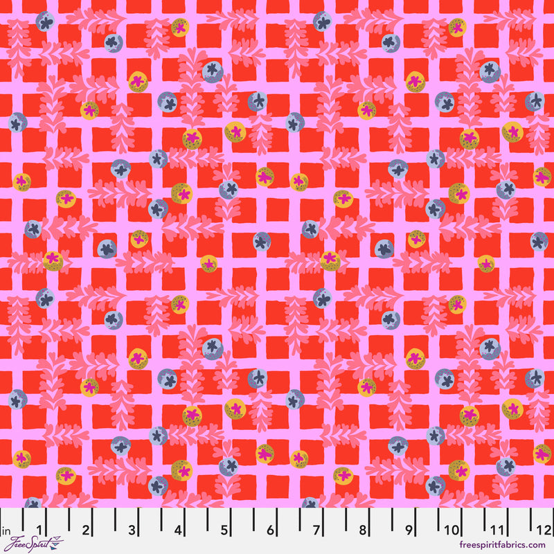 red and pink checkerboard with blueberries scattered.