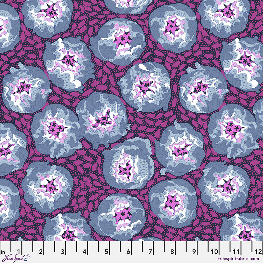 purple patterned background with blue flowers