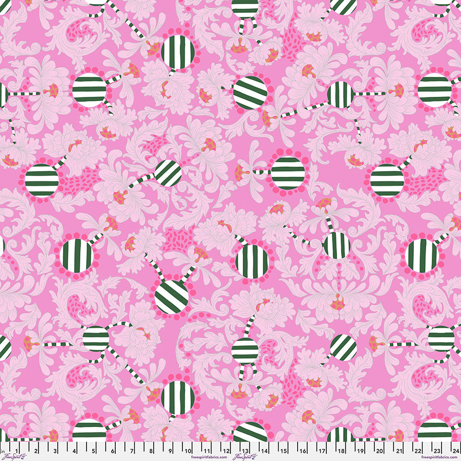 pink floral background with green and white striped dots