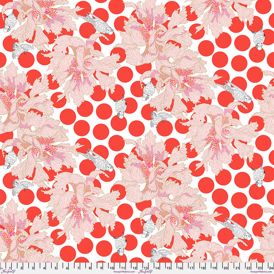 red polka dot background with pink flowers and white birds